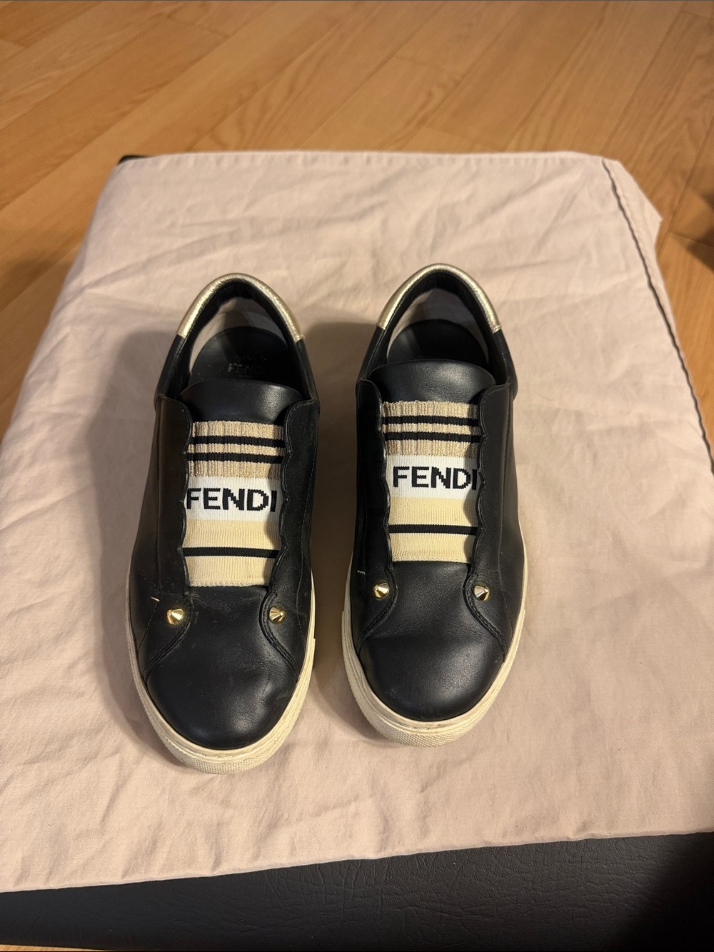 Fendi Black Leather Slip-On Sneakers with Cream Striped Logo Elastic